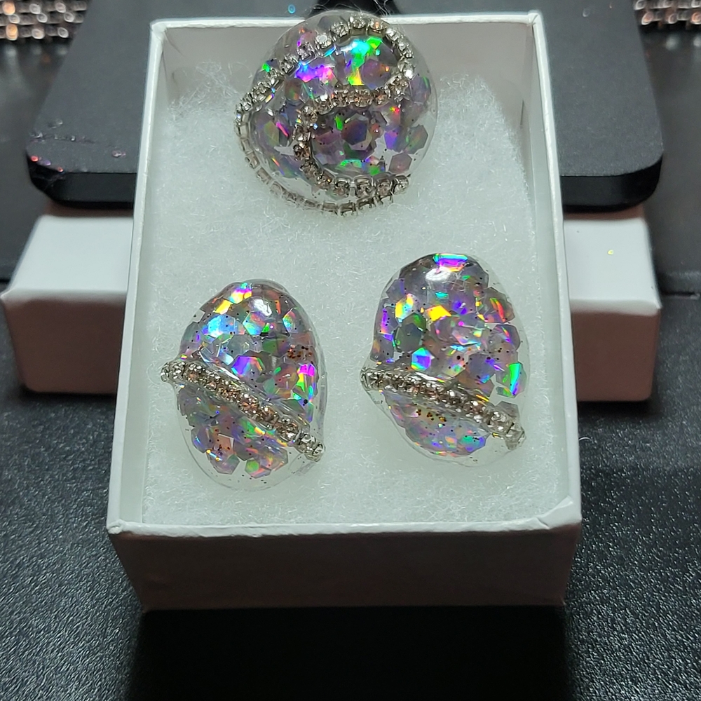 Dazzling Silver Earrings and Iridescent Ring Set